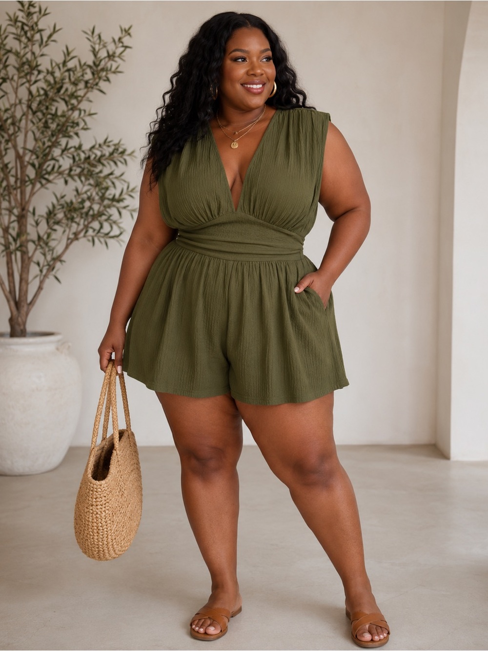 SHEIN Olive Green Textured V‑Neck Mini Dress